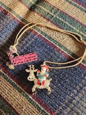 Betsey Johnson Gold Tone Reindeer & Santa Pendant Necklace - Holiday Jewelry